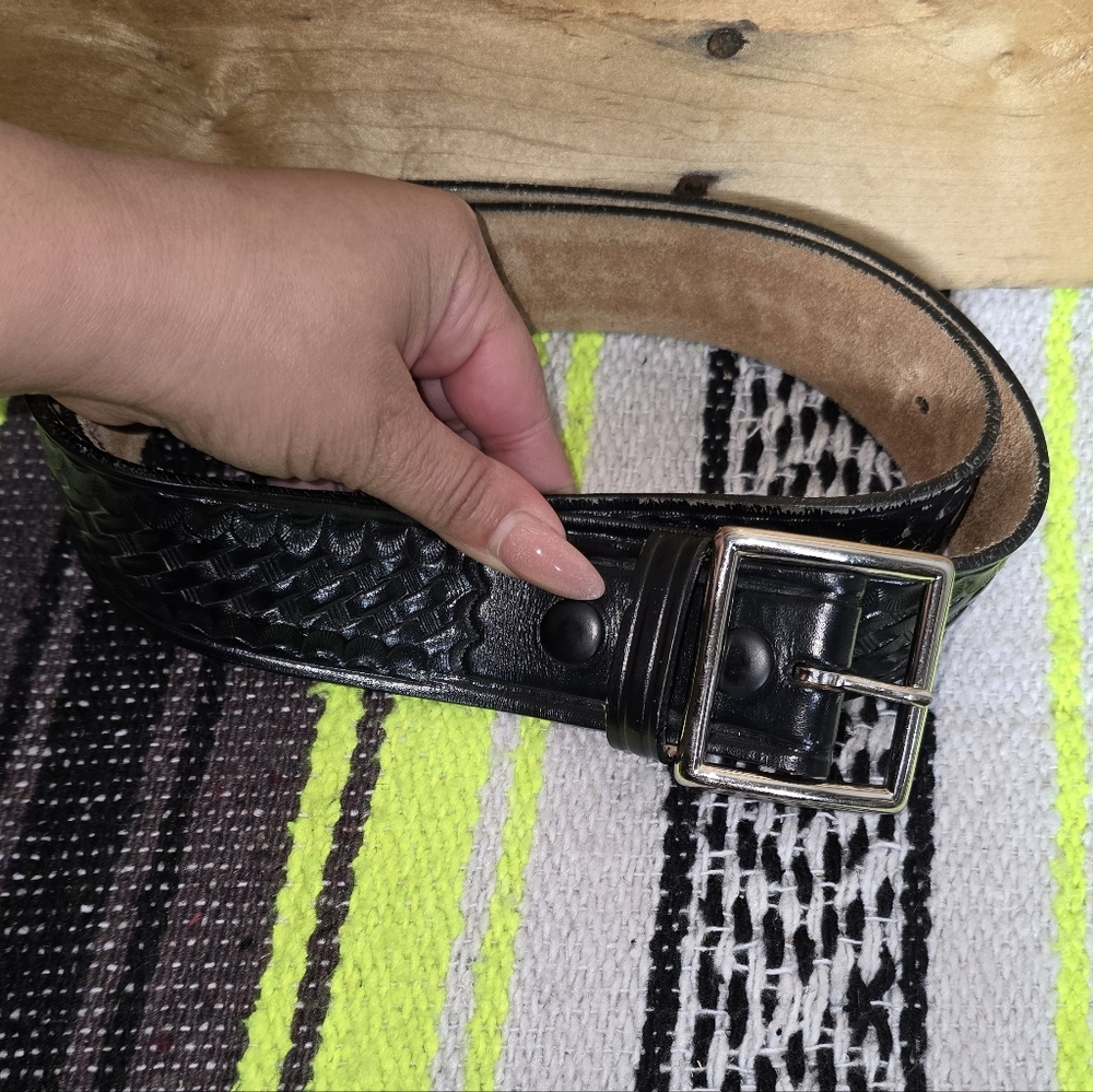 Black Textured Leather Belt with Silver Buckle